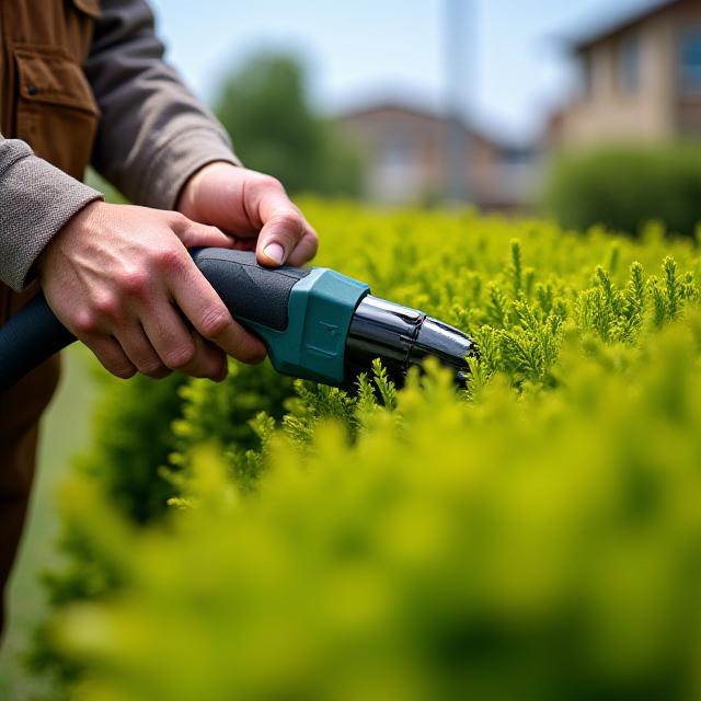 Canvas Landscaping team member meticulously trimming hedges with electric shears, showcasing dedication to detail